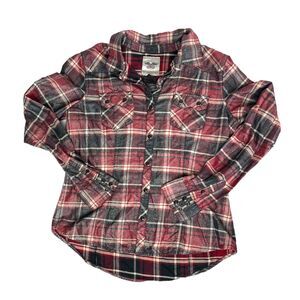 Harley Davidson Women Burgundy Black Plaid Western Button Down Shirt Size Medium